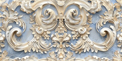Ornamentation of the Renaissance period combine swirling foliage, acanthus leaves, and classical figures in a pattern that primarily uses blue and beige created with Generative AI Technology