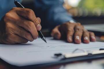Professional signing a document with a pen in hand