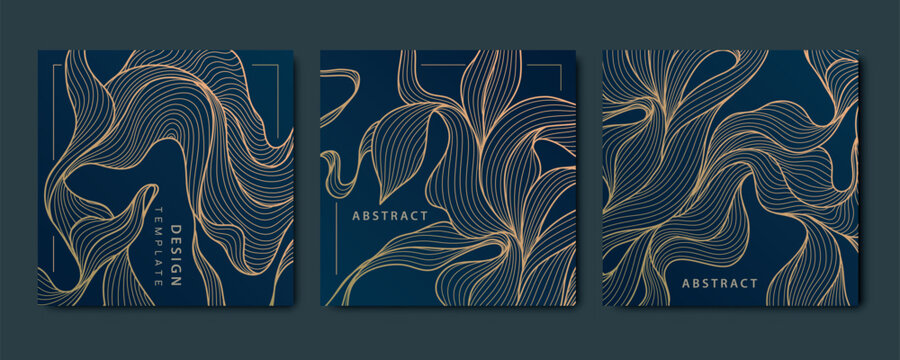 Vector set of gold design floral patterns, leaf modern ornament, vintage elegant flowers, nature royal package. Wave line graphic art cards.