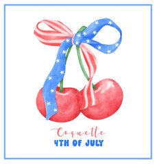 Coquette 4th of July Cherry with stars and stripes ribbon Bow Watercolor.