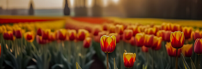 Fototapeta premium The banner is a field of bright multicolored tulips. sunlight