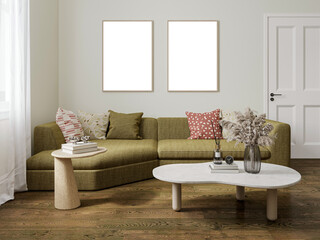 Free PNG Frame mockup in Interior Living Room with transparent background, Scandinavian style, 3D rendering
