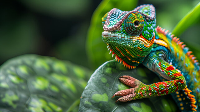Colorful chameleon on leaf, animal, green color, reptile