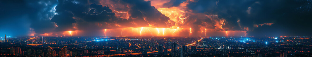landscape panorama with thunderstorms and thunderbolts lightning in dramatic blue night sky over city with skyscrapers