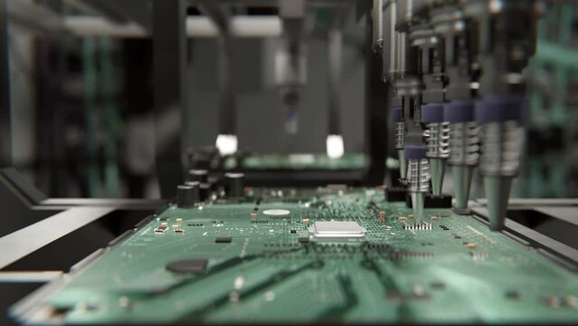 Macro Shot of Automatic Pick and Place machine quickly installs Components on Circuit Board. While board moving through Assembly Line. Electronics and Circuit board Manufacturing Factory.