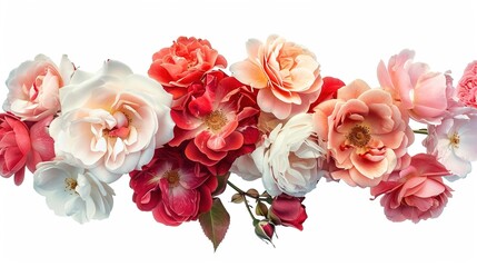 A cluster of roses, with their red, pink, and white petals, against a white background.