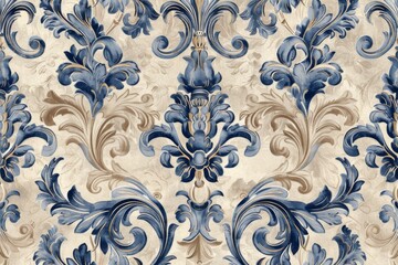 Ornamentation of the Renaissance period combine swirling foliage, acanthus leaves, and classical figures in a pattern that primarily uses blue and beige created with Generative AI Technology - obrazy, fototapety, plakaty