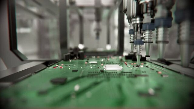 Macro Shot of Automatic Pick and Place machine quickly installs Components on Circuit Board. While board moving through Assembly Line. Electronics and Circuit board Manufacturing Factory.