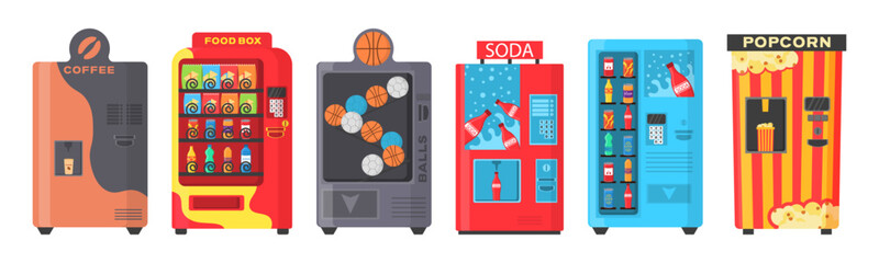 Vending machine with fast food snacks, drinks, nuts, chips, cracker, juice, sandwich. Colorful automat front view with cold drink, snack, popcorn and coffee in flat design. Vector illustration. - obrazy, fototapety, plakaty