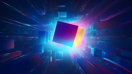 Colorful luminous lines penetrate the floating cube technological background