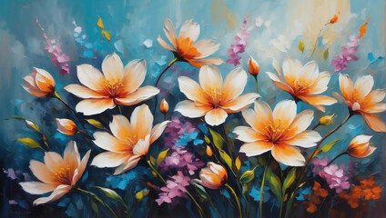 Blossoming Beauties, Abstract Flowers Captured in an Oil Painting.
