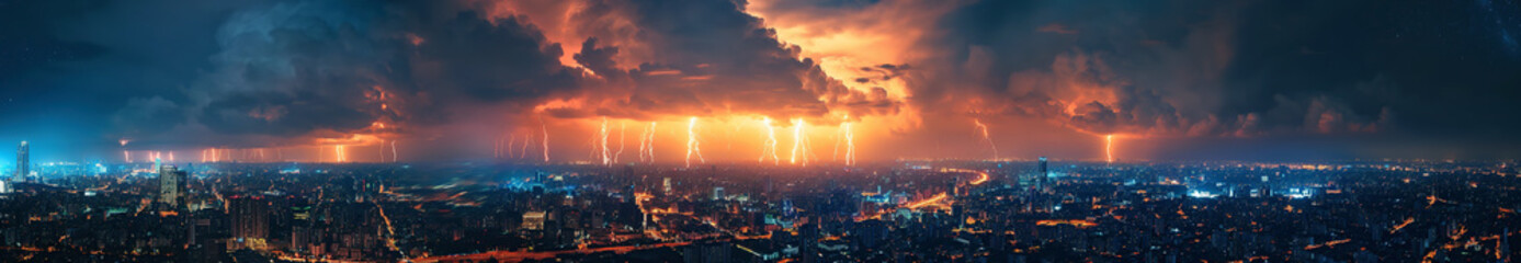 landscape panorama with thunderstorms and thunderbolts lightning flashes in dark blue night sky over city with skyscrapers