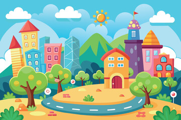 a village natural cartoon background scene