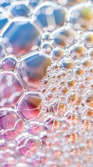 A close-up view of delicate, colorful bubbles forming intricate patterns, super realistic