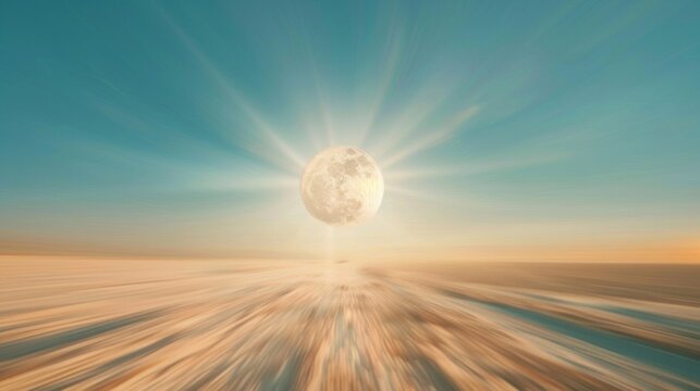 A large white moon is seen in the sky over a desert, AI