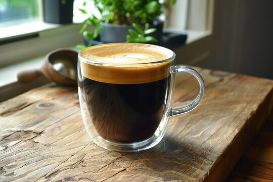 Display the elegance of a doppio coffee in a stylish glass mug, super realistic