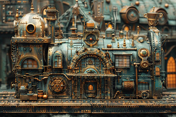 Obraz na płótnie Canvas fortress, castle, old town, construction, vintage background, products, enginer, generative, ai, steampunk, clock background, , machine, mechanical, blue, gold, gear, clock, watch, mechanism,