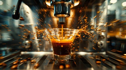 A coffee being poured into a glass from an industrial machine, AI - obrazy, fototapety, plakaty