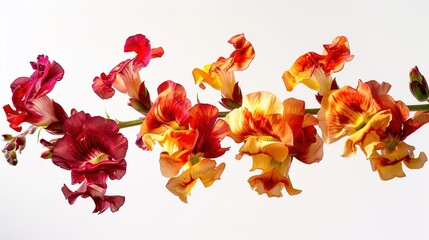A cluster of snapdragons, with their red and yellow petals, against a white background.