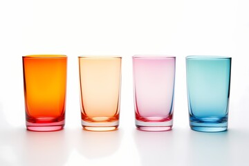 A set of translucent, gradient-colored glass cups arranged in a minimalist composition, catching and refracting light, isolated on white solid background