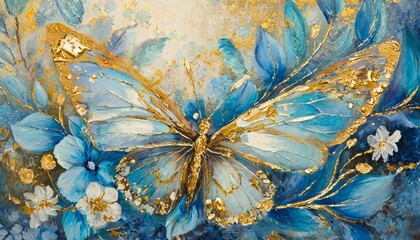 Golden Flutter: Oil-Painted Butterfly Amidst Blue and Gold Floral Abstraction"