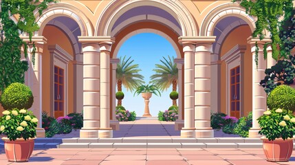 Fototapeta na wymiar Stately archways with stone pillars and ornate frames, depicting castle or palace entrances, in a cartoon illustration.
