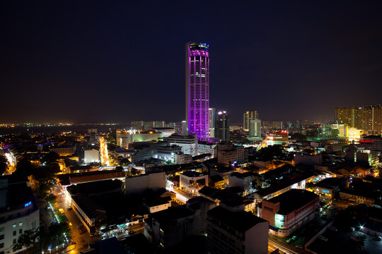 Georgetown, Pulau Pinang, Malaysia, June 22 2024: Aerial night view of Georgetown city from Komtar tower, Penang. Malaysia.