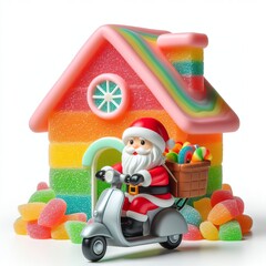 Obraz premium a santa claus shipper riding Scooter in front of house made of pastel color rainbow gummy candy on a white background