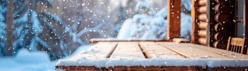 Wooden table on a snowy porch quiet winter morning