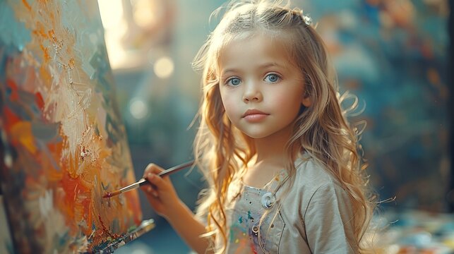 Craftsperson using an easel in a studio, young girl creating with a watercolor palette and brush in the morning sun, crafting indoors with natural light coming through a window.
