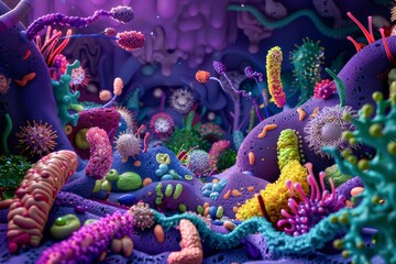Create a whimsical interpretation of the microbial world within the human gut - obrazy, fototapety, plakaty