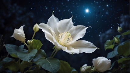 The dreamy splendor of a moonflower blossoming among the stars at night.