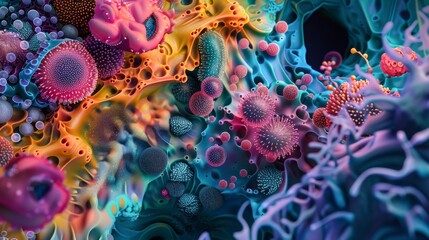 Experiment with surreal colors and patterns to represent the dynamic nature of probiotics in the gut - obrazy, fototapety, plakaty