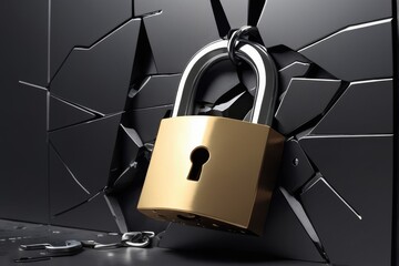 data protection concept, golden lock on cracked wall