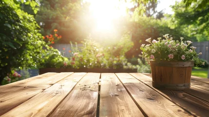Fotobehang Sun-kissed empty wooden table ready for a family brunch © Nisit