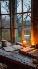 Warm cozy wooden table with candles and a book