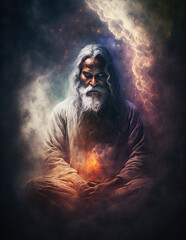 Portrait of sadhu guru yogi meditating. Abstract poster design. Ai Generative - obrazy, fototapety, plakaty