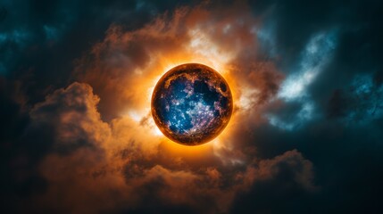 A large orange ball in the sky with clouds around it, AI