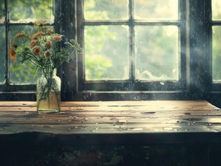 Vintage wooden table by a rustic window raindrops and soft light