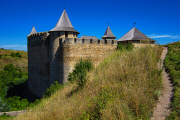 Fototapeta na wymiar Path to the Khotyn Fortress, a fortification complex situated on the right bank of the Dniester River in Khotyn, Western Ukraine
