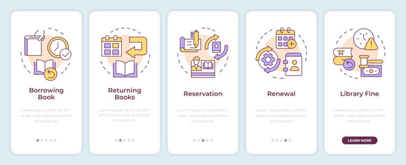 Book circulation types onboarding mobile app screen. Walkthrough 5 steps editable graphic instructions with linear concepts. UI, UX, GUI template. Montserrat Semibold, Regular fonts used