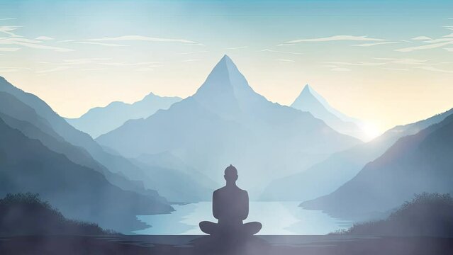 Person in lotus pose, is positioned against the backdrop of towering mountains, concept of inner harmony and balance.