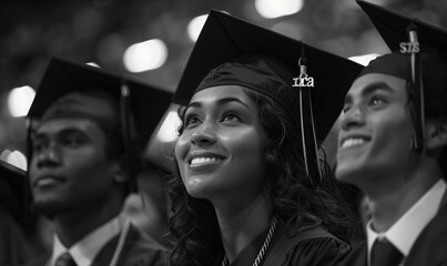 Obraz premium Students in graduation caps looking forward. Side angle group shot with depth of field. Future leaders concept. Design for poster, website header, graduation announcement.