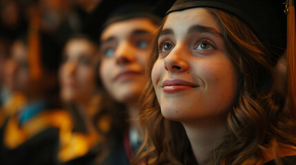 Graduates looking up with optimism. Close-up shot during graduation procession. Bright future concept. Design for invitation, flyer, congratulatory message