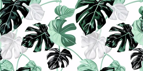 Vintage pastel theme with a split-leaf Philodendron plant and vines on a white background in a floral pattern. - obrazy, fototapety, plakaty
