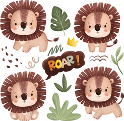 Watercolor Illustration Set of Lion and Leaves