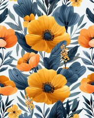 Fototapeta na wymiar Orange and Blue Flower Pattern on White Background