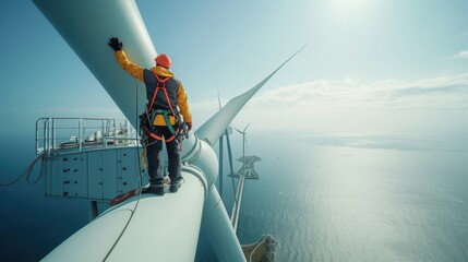 A team is constructing a wind turbine in the ocean, blending water, wind, and adventure to generate sustainable energy. AIG41