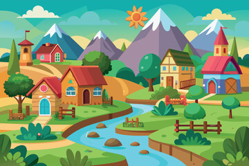 Obraz na płótnie Canvas a village natural cartoon background scene