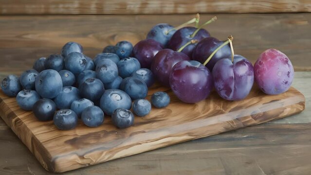 Plump blueberries and plump purple plums tered on a wooden ting board perfect for pairing with crackers and cheese.